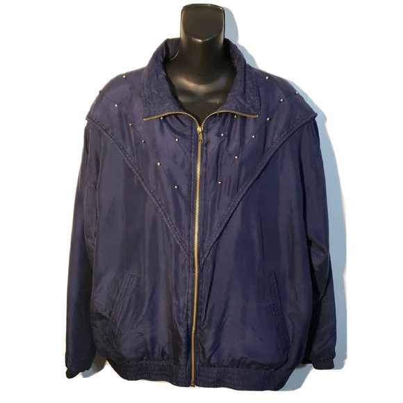 Vintage Div Rousso Silk Bomber Jacket Jogger Windbreaker Dark Blue Studded MED. - Picture 2 of 11